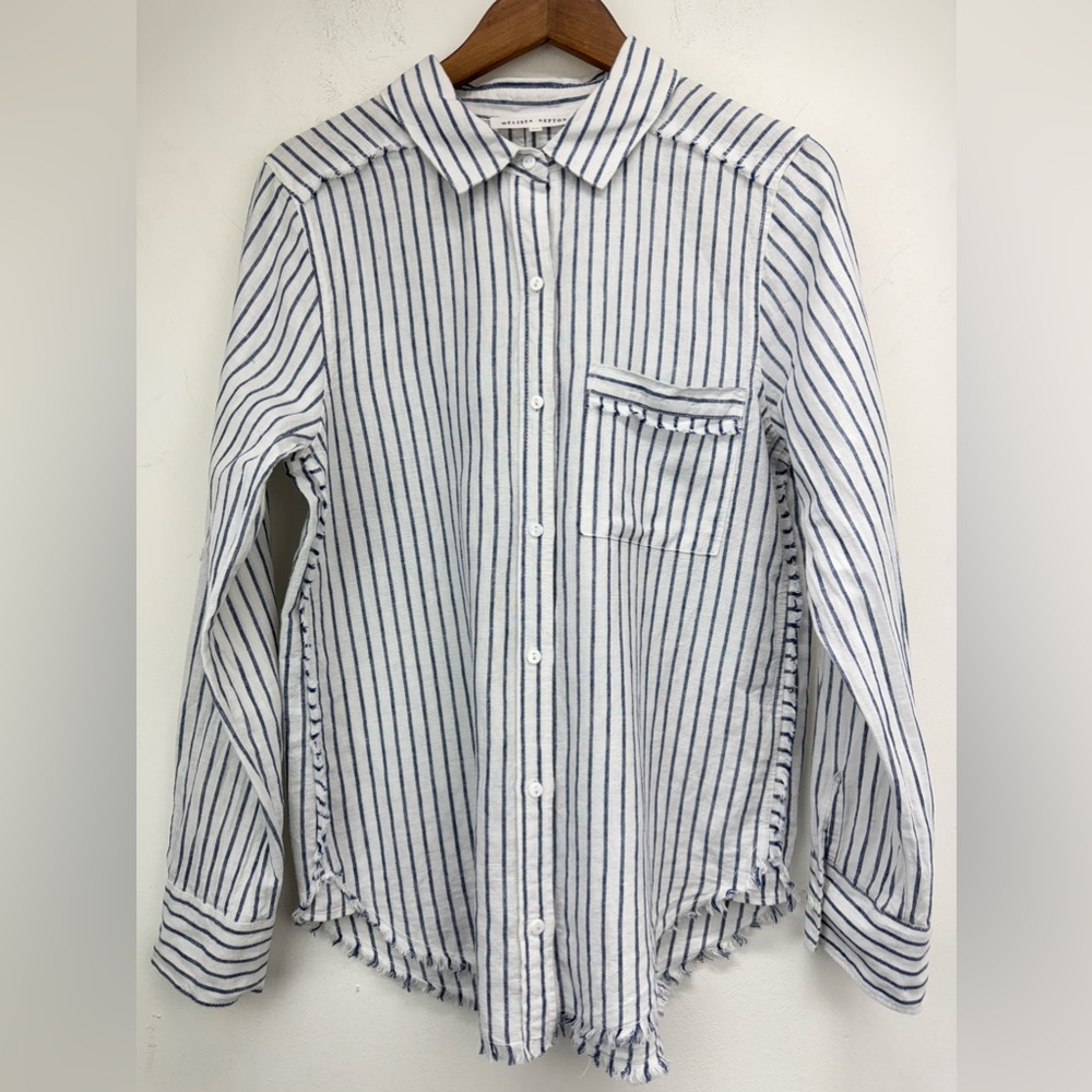 Melissa Nepton size Small Women’s Blue White Striped Linen Blend Button Up Top